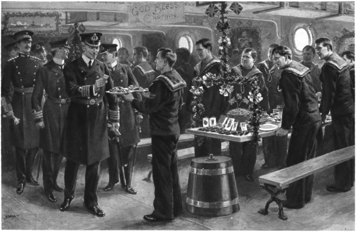 CHRISTMAS DAY ON BOARD SHIP IN THE NORTH SEA: THE CAPTAIN GOING ROUND THE MESSES "TASTING THE MEN'S DINNER."