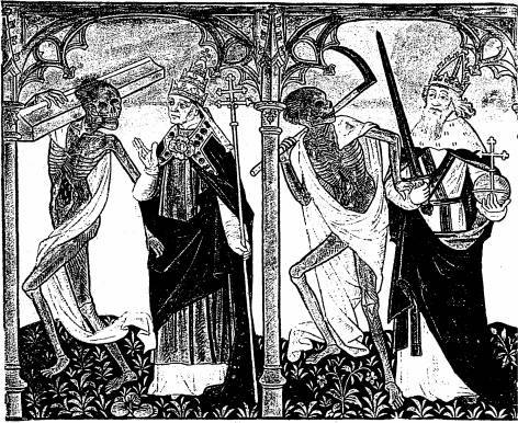 Illustration: De gauche à droite: 1. le mort, le pape; 2. le mort, l'empereur.