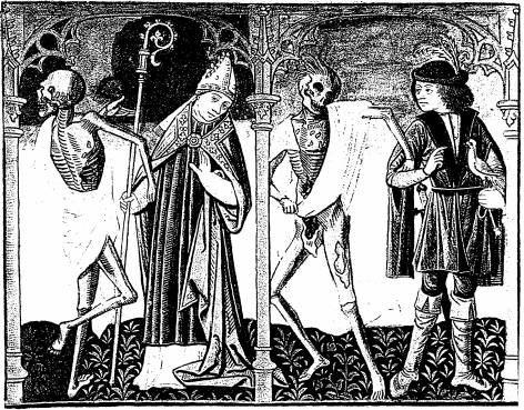 Illustration: De gauche à droite: 1. le mort, l'évêque; 2. le mort, l'écuyer.