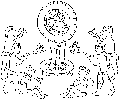 Fig. 6.—Representation of the ancient Mexican Worship of the Sun. The image of the sun is held up by a man in front of his face; two men blow conch-shell trumpets; another pair burn incense; and a third pair make blood-offerings by piercing their ears—after Zelia Nuttall.