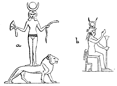 Fig. 4.—Two representations of Astarte (Qetesh). (a) The mother-goddess standing upon a lioness (which is her Sekhet form): she is wearing her girdle, and upon her head is the moon and the cow's horns, conventionalized so as to simulate the crescent moon. Her hair is represented in the conventional form which is sometimes used as Hathor's symbol. In her hands are the serpent and the lotus, which again are merely forms of the goddess herself. (b) Another picture of Astarte (from Roscher's "Lexikon") holding the papyrus sceptre which at times is regarded as an animate form of the mother-goddess herself and as such a thunder weapon.