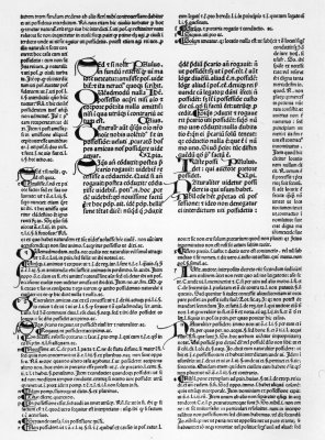 From the Digestum Novum of Justinian, printed at Venice by Jenson in 1477. The type page of which this is a reduction measures 12-1/2 by 8-1/2 inches. The initials in the original have been filled in by hand in red and blue.  From the copy in the Library of Brown University