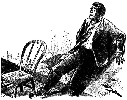 When the world's most cowardly man met the world's bravest—history was changed A man in business suit with a tie is leaning with his back to the wall. In front of him is a chair with a broken back. The wall behind him is cracked.