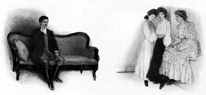 "... curled his mustache airily, and allowed his glance to rove boldly over the display of youthful femininity"